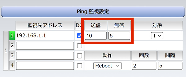 PING監視 設定項目 送信/無答の場所