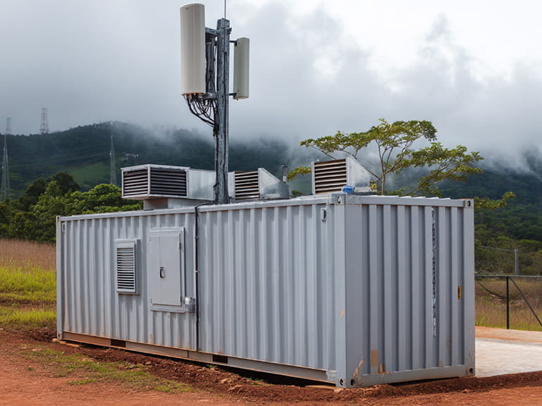 山間に設置された無人無線基地局の電源起動・遮断と温度監視のイメージ画像